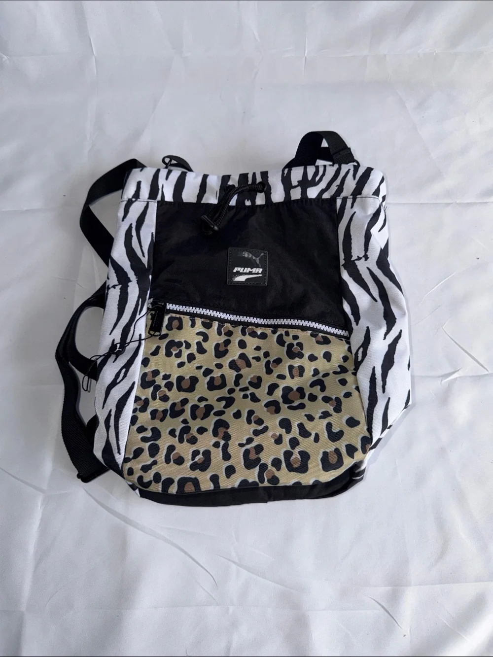 Puma Black White Zebra with Tan Leopard Print Drawstring Backpack